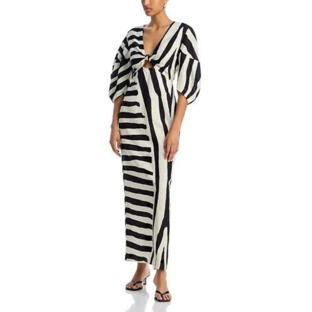 New Cala de la Cruz Dress Medium Black White Zebra Print Linen Cutout Midi